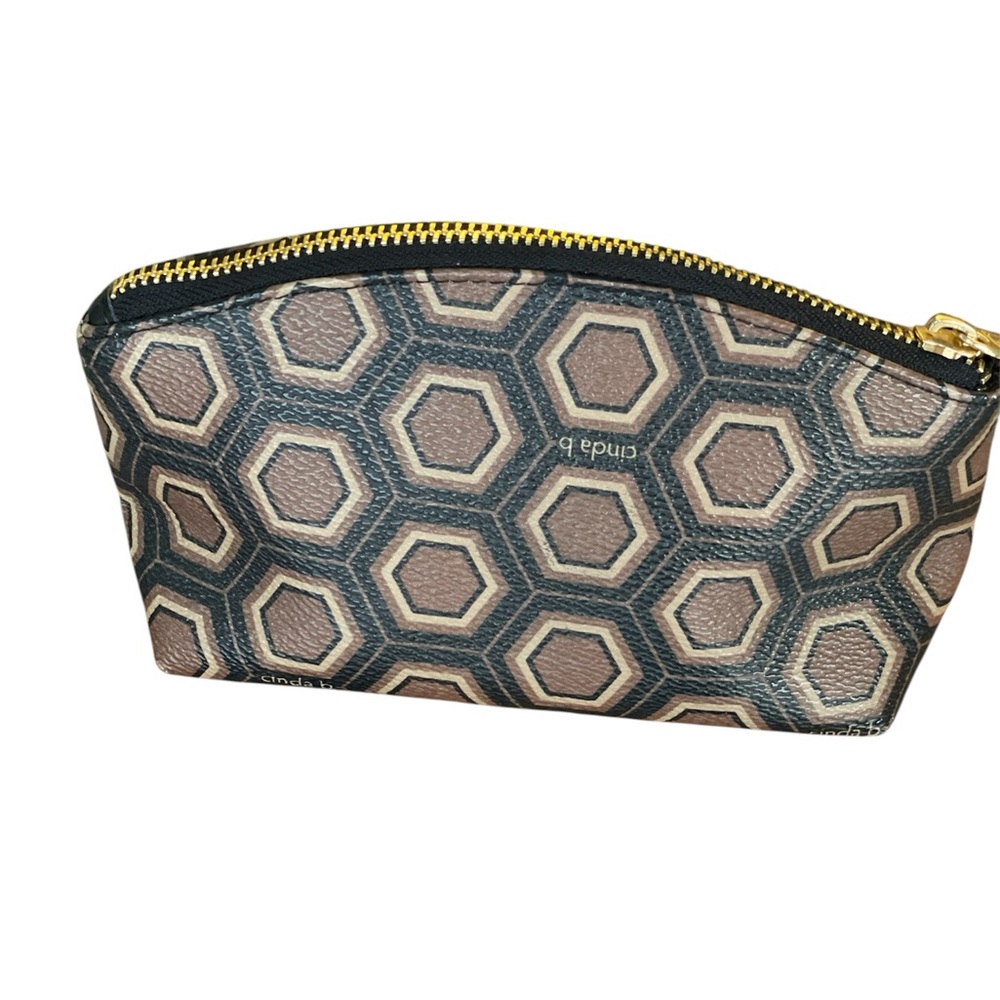 Cinda b. Canvas Small Cosmetic Bag |  Accessory Case Brown Hexagon